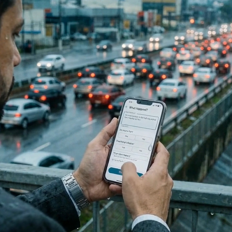 Person on a rainy overpass reporting a car claim on the policyholder app