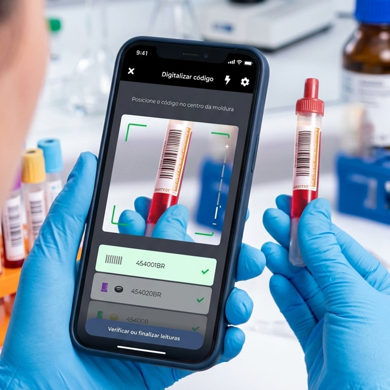Gloved hands scanning a blood sample tube barcode with the eTrack app