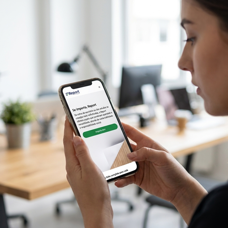 Woman browsing the Report by Suzano landing page on her phone
