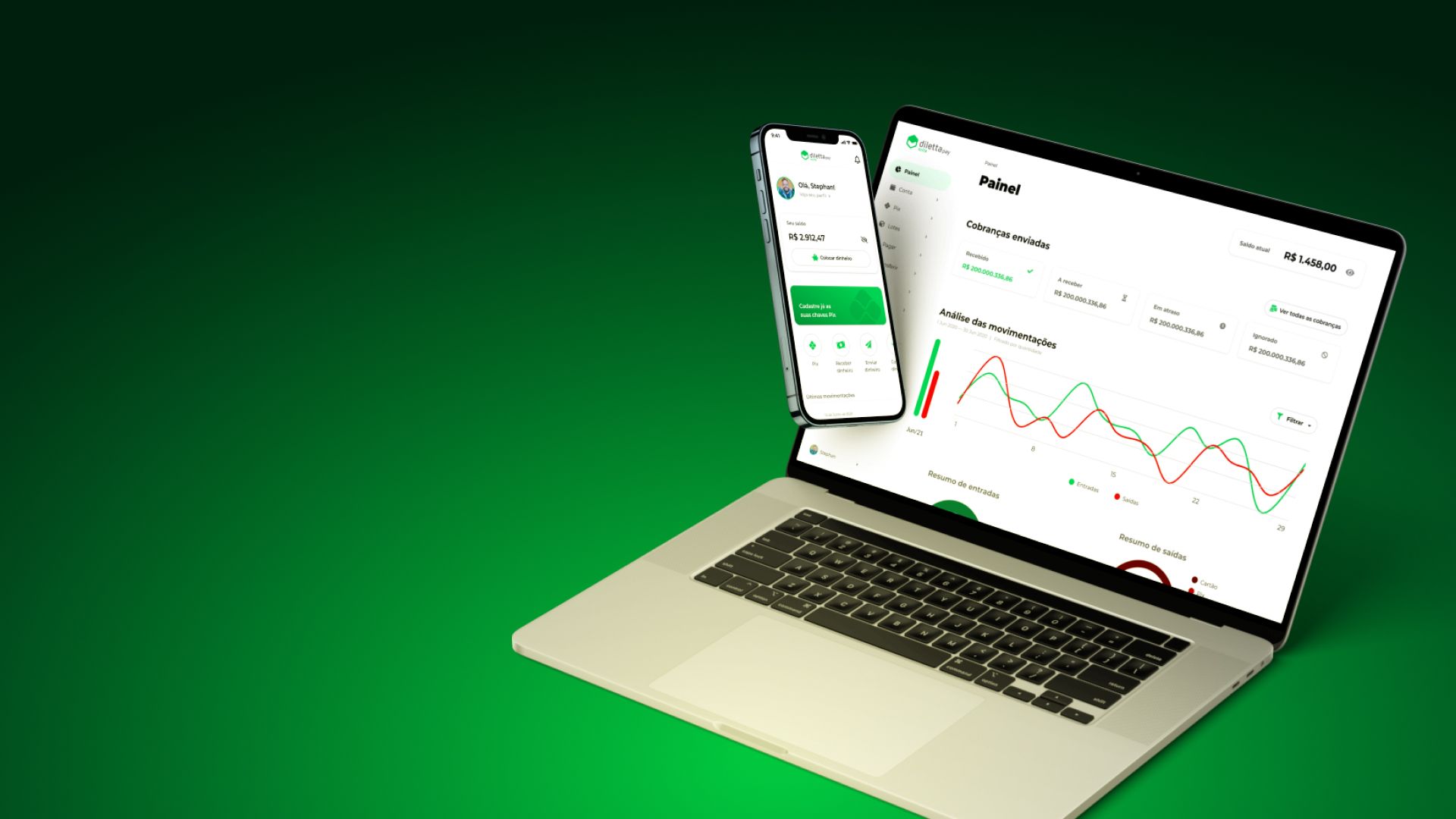 Diletta Pay Suite dashboard on a laptop and the banking app on a phone