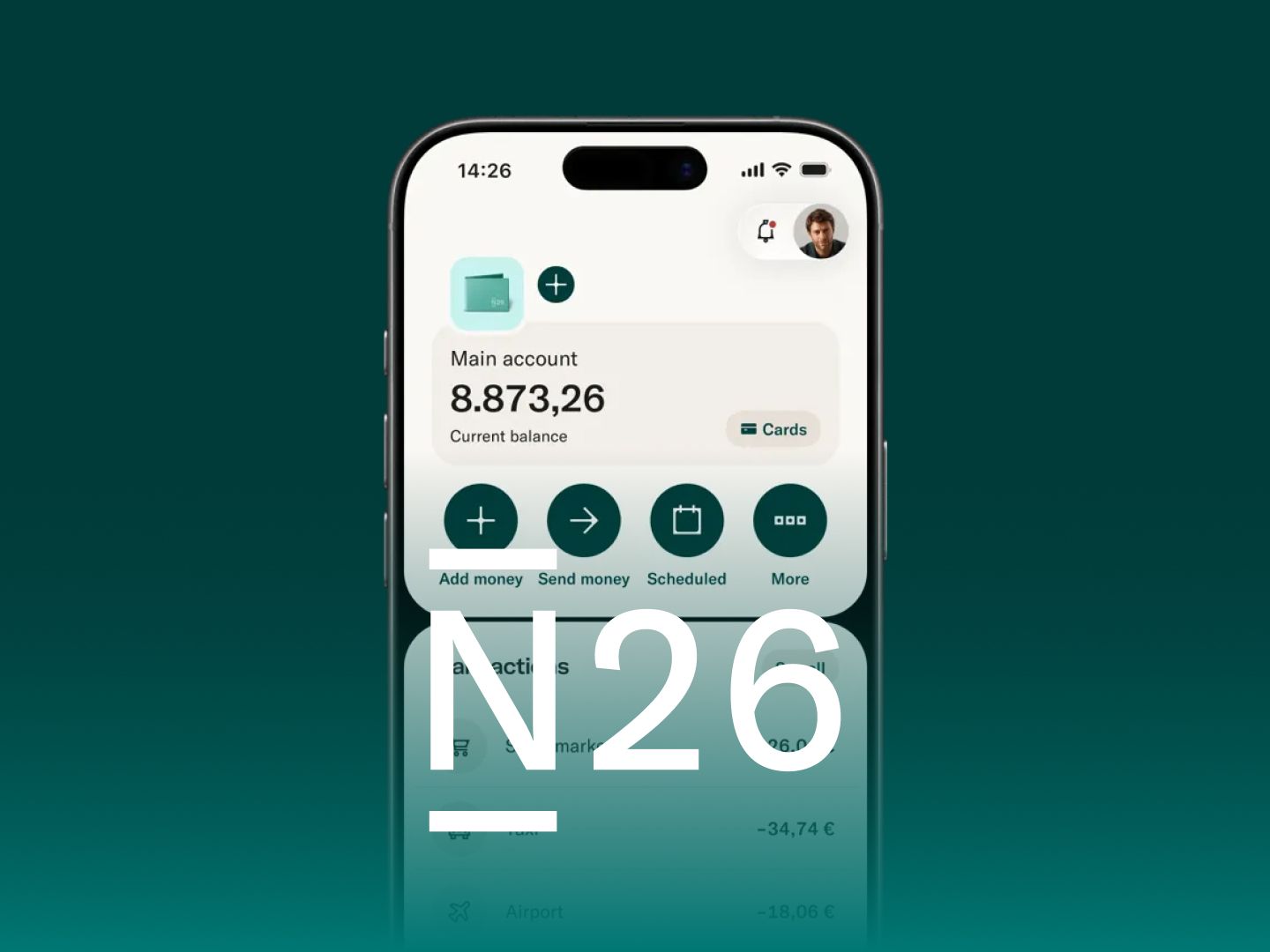 N26 banking app on a phone showing the main account balance