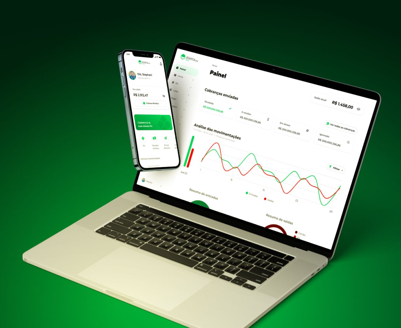 Diletta Pay Suite dashboard on a laptop and the banking app on a phone