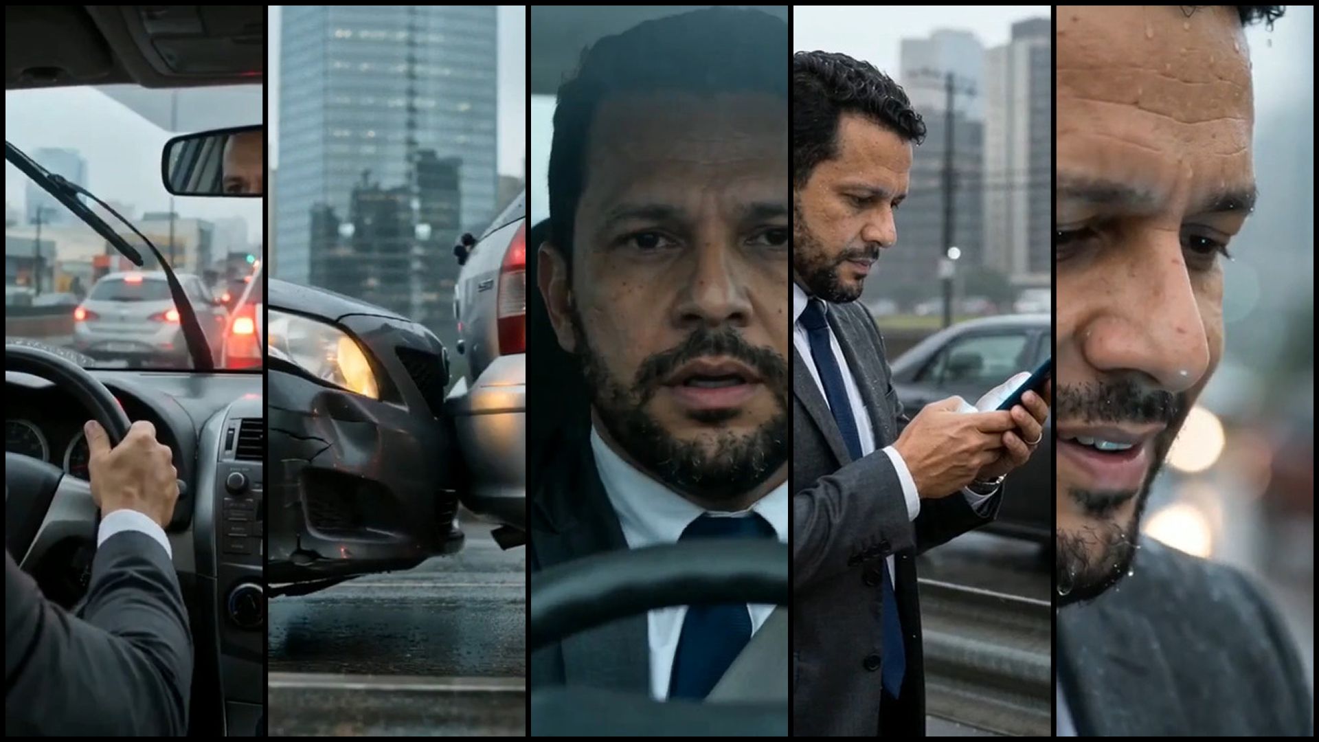 Five frames from the launch film: a driver in the rain, a rear-end collision and the driver reporting the claim on his phone