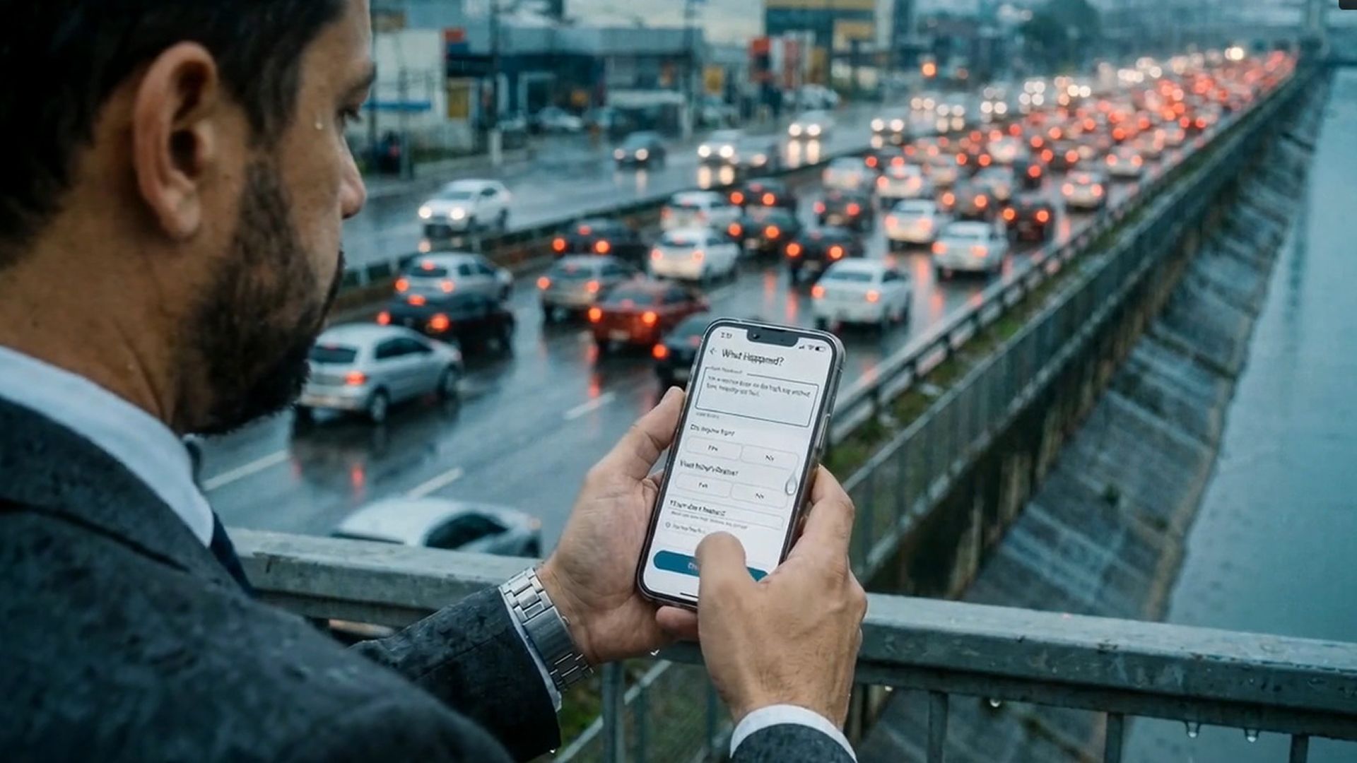 Driver on a rainy overpass reporting a car claim on the policyholder app