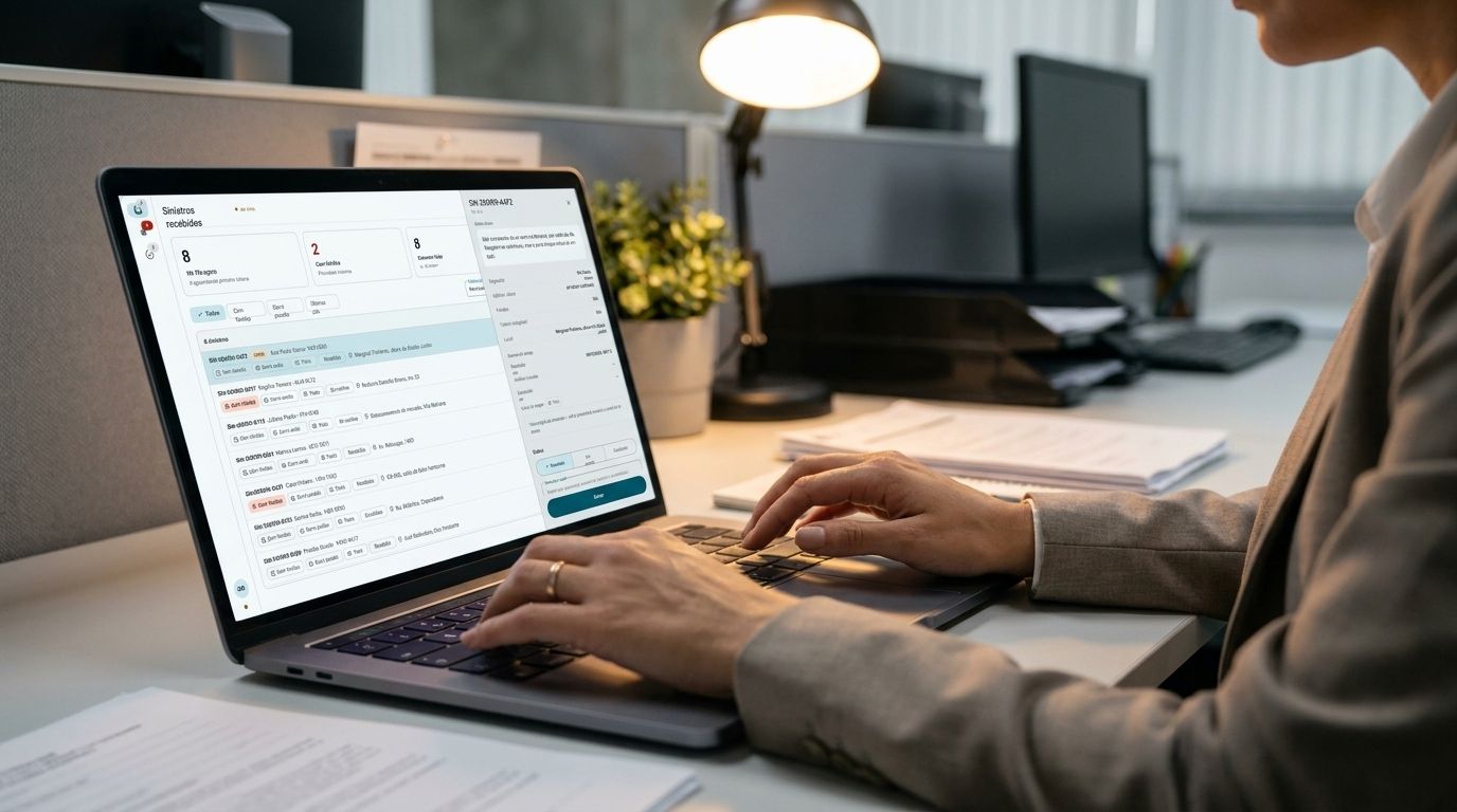Claims adjuster at an office desk reviewing received claims on the adjuster dashboard on a laptop