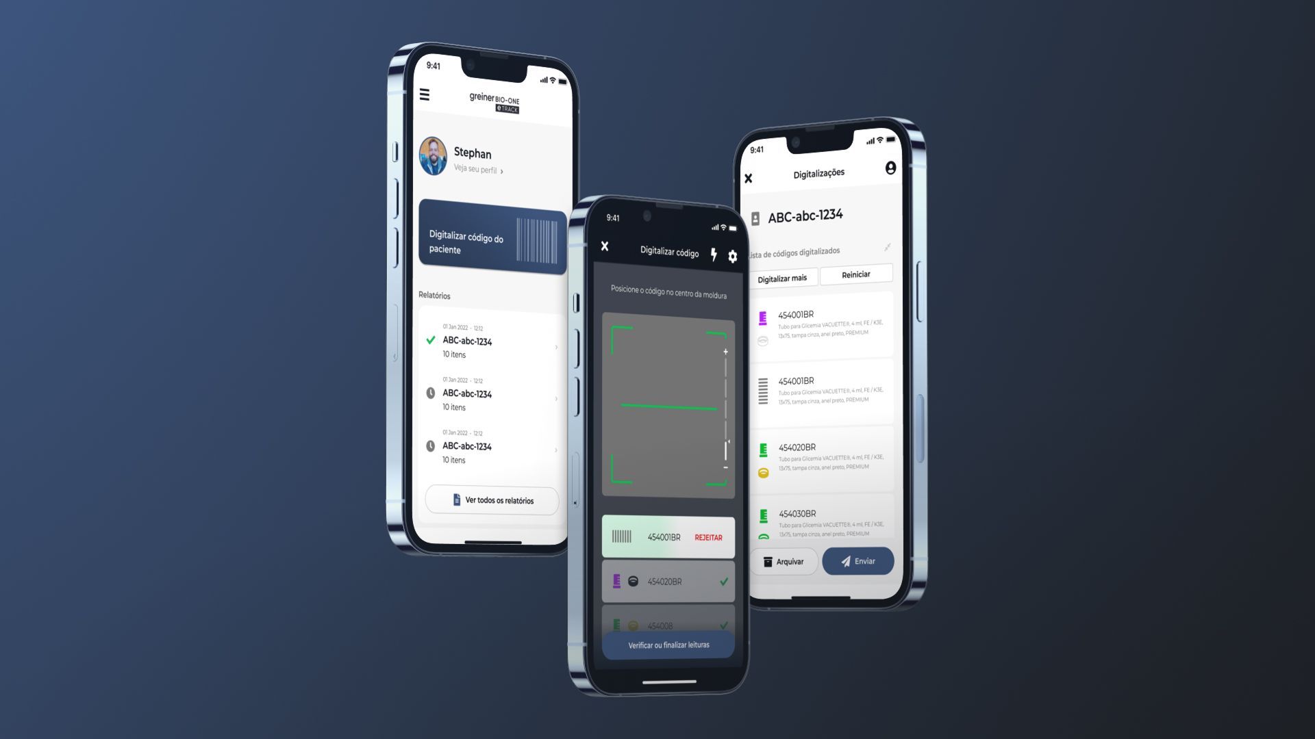 Three phones showing the eTrack home, barcode scanner and scanned-codes list