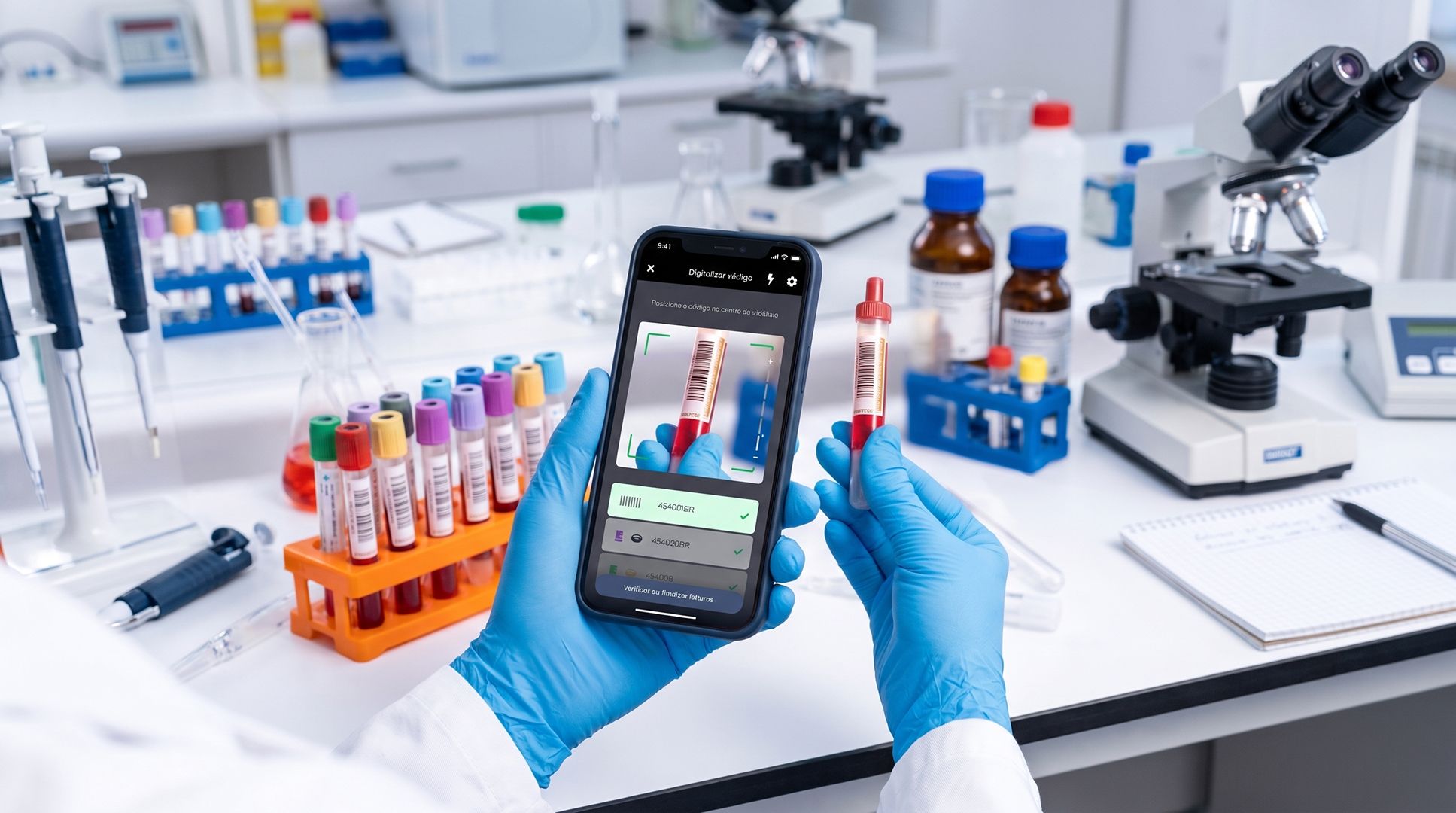 Gloved hands scanning a blood sample tube with the eTrack app at a lab bench