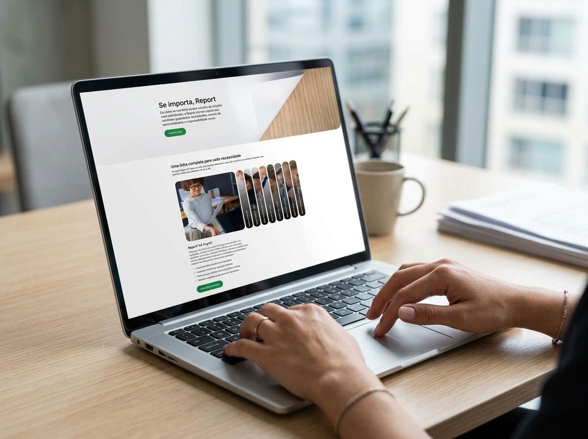 Hands typing on a laptop showing the Report landing page on an office desk