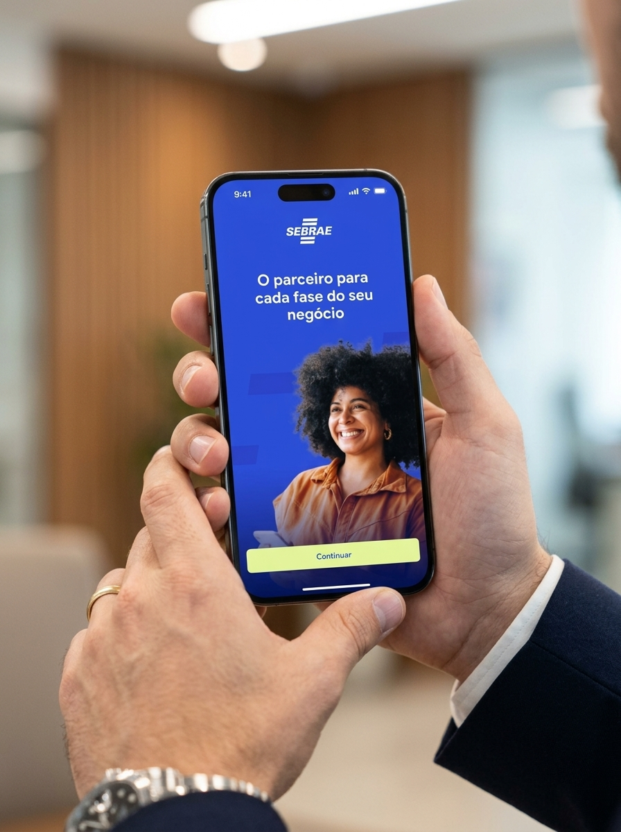 Hands holding a phone with the Sebrae app welcome screen
