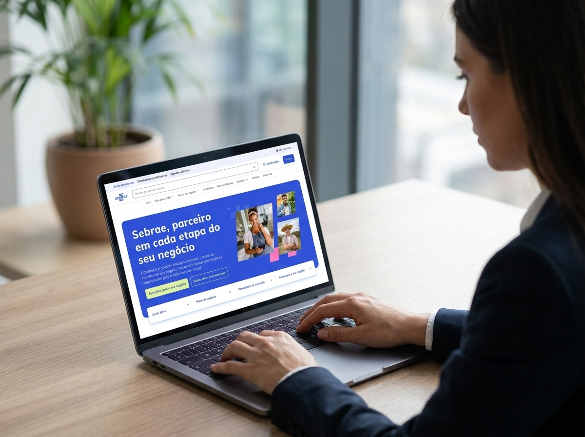 Woman browsing the Sebrae portal home page on a laptop