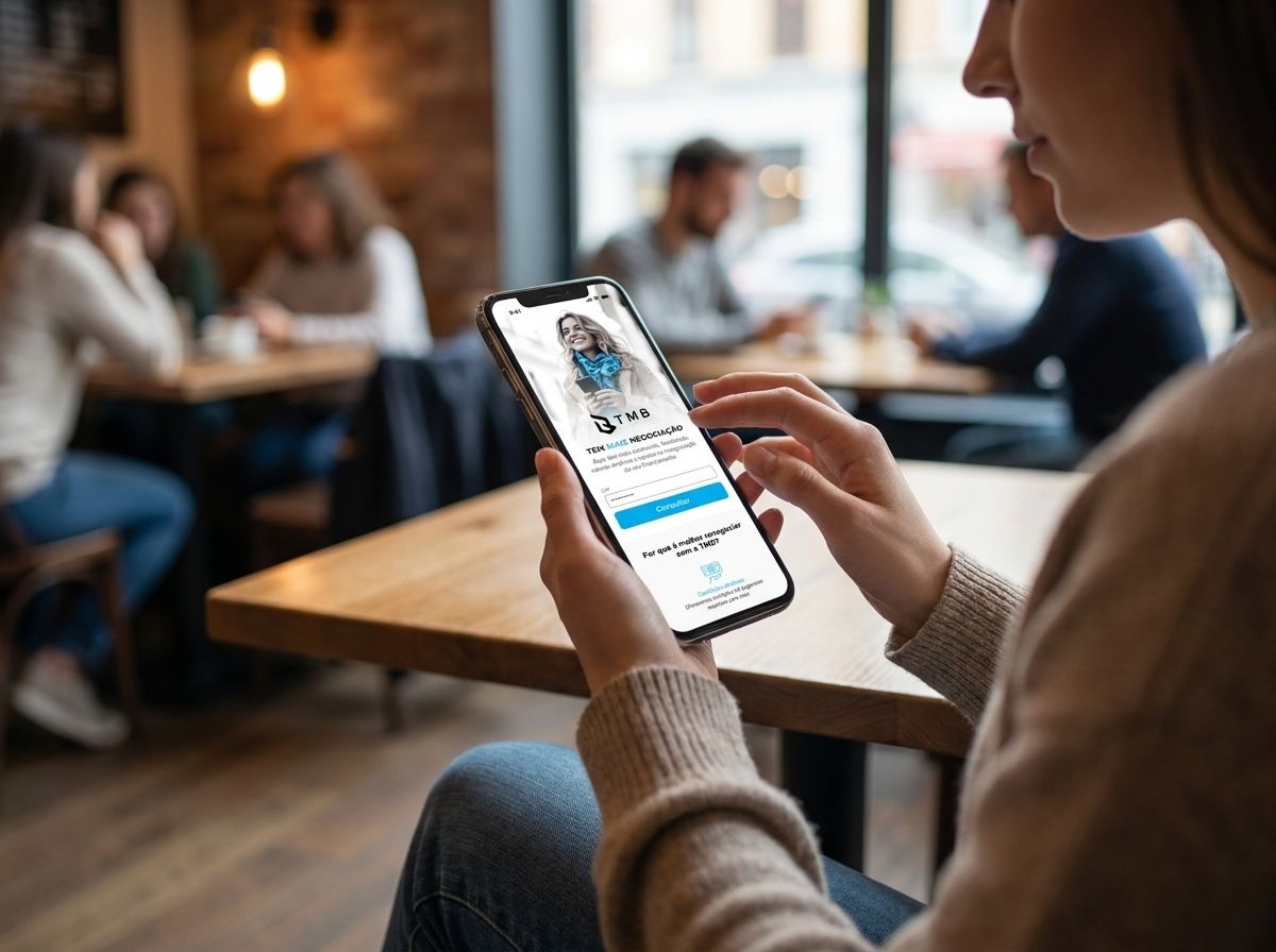 Woman opening the TMB debt renegotiation website on her phone in a café